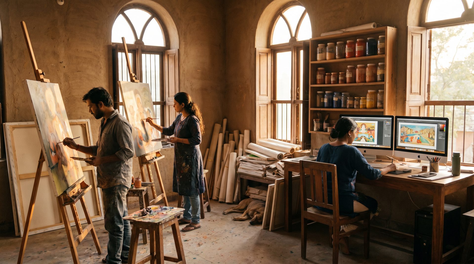 The Kolorkaari studio — easels and drying canvases on one side, monitors and a pen display on the other