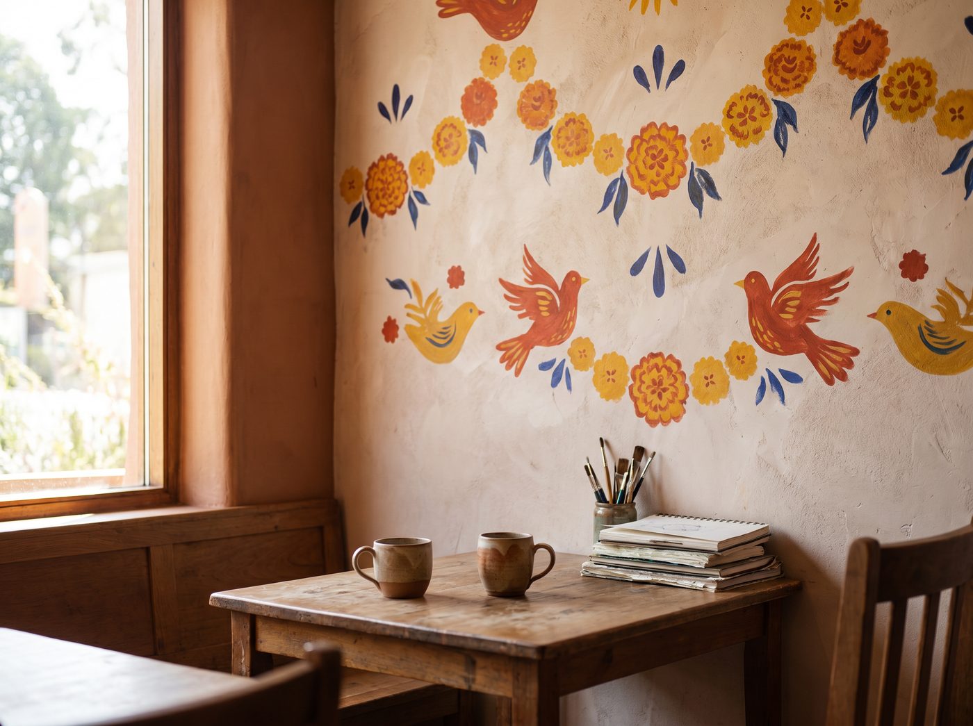 Marigold folk-bird mural across the back wall of a café