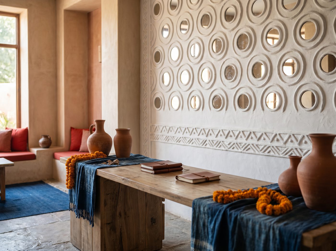 Lippan mirror-work feature wall catching light in a hotel lobby